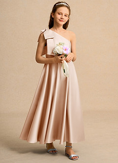 Azazie Guppy Junior Formal vestidos de niña de las flores Vestido de Rosa Inglesa de Satin Mate de Corte En A con Hombro unilateral image1