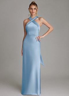 Azazie June Bridesmaid Dresses Powder Blue Sheath Stretch Satin Dress image1