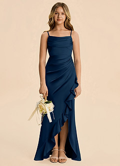 Azazie Mia Junior Robe Sirène en Satin extensible Plissé Bleu Marine Foncé image3