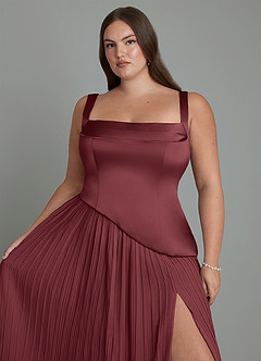 Azazie Stephanie Vestidos de damas de honor Vestido Merlot de Satén Elástico de Línea A con Plisado image9