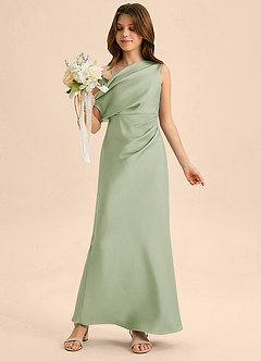 Azazie Emerson Junior Dusty Sage Sheath Off the Shoulder Stretch Satin Dress image1