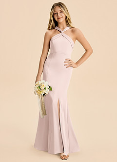 Azazie Rue Junior Blushing Pink Mermaid Pleated Stretch Satin Dress image1
