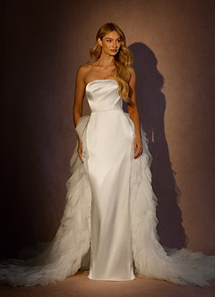 Azazie Viveca Wedding Dresses Diamond White Sheath Strapless Metallic Satin Dress image3
