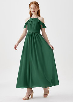 Azazie Chaya Junior Dark Green A-Line Off the Shoulder Chiffon Dress image5