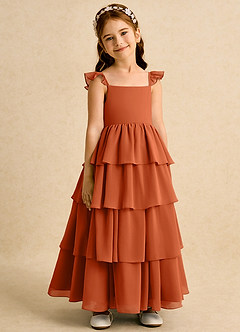 Azazie Boba Blumenmädchenkleider A-Linie Rechteckiger Ausschnitt Chiffon Kleid Gebranntes Orange image1