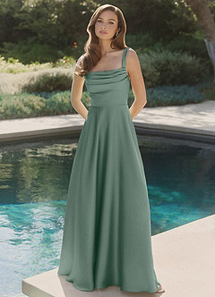 Azazie Shaude Bridesmaid Dresses Silver Sage A-Line Pleated Stretch Satin Dress image4