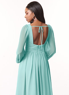 Azazie Norah Bridesmaid Dresses Aqua A-Line V-Neck Long Sleeve Chiffon Dress image3