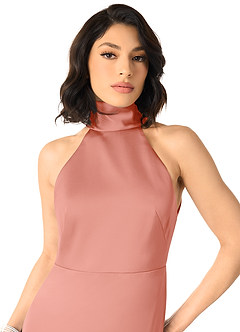 Azazie x Delaney Bridesmaid Dresses Coral Sheath High Neck Stretch Satin Dress image3