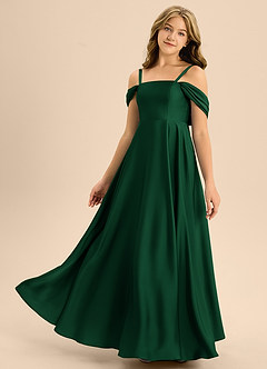Azazie Rowena Junior Vestido de Verde Oscuro de Satén Elástico de Corte en A con Lazo image6