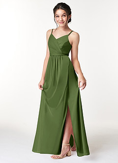Azazie Luxy Junior Olive Pleated Mesh Dress image4