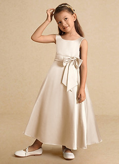 Azazie Lindy vestidos de niña de las flores Vestido de Alabastro Blanco de Satin Mate de Corte En A con Plisado image4