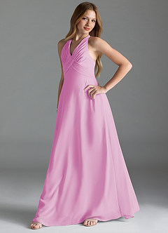 Azazie Tessie Junior Candy Pink A-Line Pleated Chiffon Dress image3