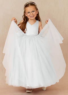 Azazie Marybell Flower Girl Dresses Diamond White A-Line Bow Tulle Dress image3