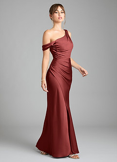 Azazie Madelyn Robes de demoiselle d'honneur Robe Sirène Convertible en Satin extensible Asymétrique Terracotta image5