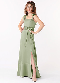 Azazie Barbara Junior Dusty Sage A-Line Bow Stretch Satin Dress image1