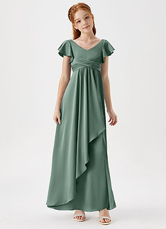Azazie Omari Junior Eucalyptus A-Line Pleated Stretch Satin Dress image3