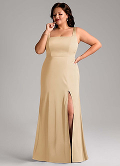 Azazie Frostine Bridesmaid Dresses Gold A-Line Bow Stretch Satin Dress image2