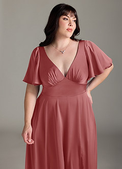 Azazie Kimber 신부 들러리 드레스 A라인 셔링 스트레치 새틴 바닥 길이 드레스 image11