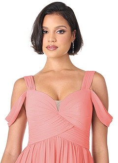Azazie Lianne Bridesmaid Dresses Coral A-Line Off the Shoulder Chiffon Dress image5