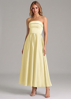 Azazie Lucienne Bridesmaid Dresses Lemon Sorbet A-Line Pleated Stretch Satin Dress image1