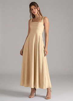 Azazie Shaude Bridesmaid Dresses Champagne A-Line Pleated Stretch Satin Dress image4