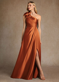 Azazie Easton Mère de la mariée Robes Robe Trapèze en Satin extensible Une épaule Cannelle image4