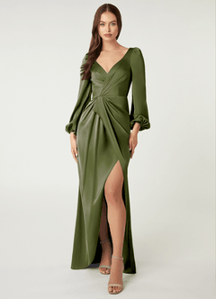 Azazie Mel Bridesmaid Dresses Olive Sheath Long Sleeve Stretch Satin Dress image1