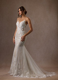 Azazie Leonie Wedding Dresses Diamond White Nude Mermaid V-Neck Sequins Tulle Dress image7