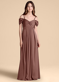 Azazie Kaitlynn Junior Jurk van Stretch Satijn met A-Lijn Off the Shoulder Espresso image1