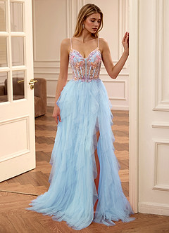 Madellow Sky Blue Sequined embroidery Tulle A-line Corset Prom Dress image5