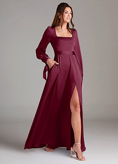 Azazie Leonia Bridesmaid Dresses Mulberry A-Line Long Sleeve Stretch Satin Dress image4