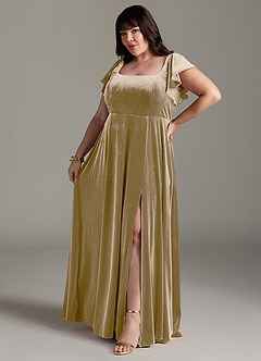 Azazie Bondi Brautjungfernkleider A-Linie Seitliche Cut-Outs Samt Kleid Goldene Bräune image10