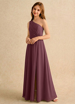 Azazie Puddles Girls Formal Robe Demoiselle D'honneur Fillette Robe Trapèze en Mousseline de soie Une épaule Sangria image4