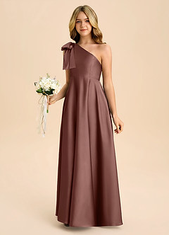 Azazie Penguin Junior Espresso A-Line Bow Stretch Satin Dress image5