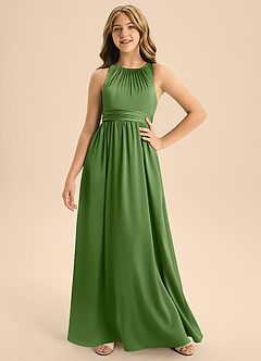 Azazie Jaylah Junior Basil A-Line Pleated Stretch Satin Dress image5