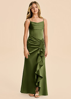 Azazie Rosalia Junior Olive Sheath Pleated Stretch Satin Dress image6