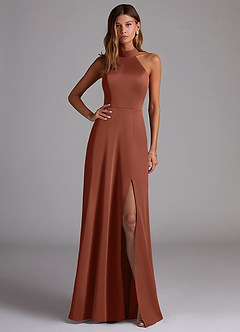 Azazie Myra Bridesmaid Dresses Clay A-Line Side Slit Stretch Satin Dress image1