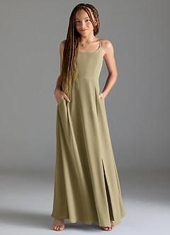 Azazie Moira Junior Moss Green A-Line with Pockets Chiffon Dress image4