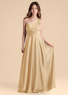 Azazie Charlize Junior Vestido de Oro de Satén Elástico de Corte en A con Plisado image4