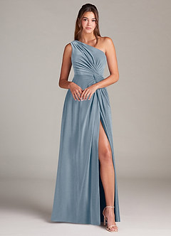 Azazie Brooke Bridesmaid Dresses Dusty Blue A-Line One Shoulder Velvet Dress image4