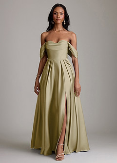 Azazie Loisa Abiti da Damigella Abito A-Line in Raso Elasticizzato a Spalla Scoperta Verde Muschio image7