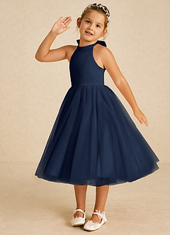 Azazie Dora Flower Girl Dresses Dark Navy A-Line Bow Tulle Dress image2