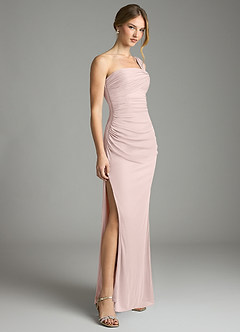 Azazie Tati Final Sale Blushing Pink Sheath Off the Shoulder Mesh Dress image3