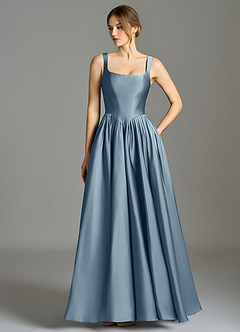 Azazie Verina At-home Try On Dresses Dusty Blue A-Line Pleated Stretch Satin Dress image1