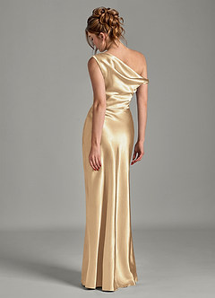 Azazie Emerson Bridesmaid Dresses Champagne Mermaid Off the Shoulder Metallic Satin Dress image2