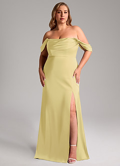 Azazie Saige Bridesmaid Dresses Lemon Sorbet Sheath Off the Shoulder Stretch Satin Dress image11