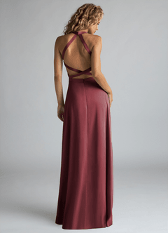 Azazie Clarice Bridesmaid Dresses Merlot A-Line High Neck Stretch Satin Dress image3