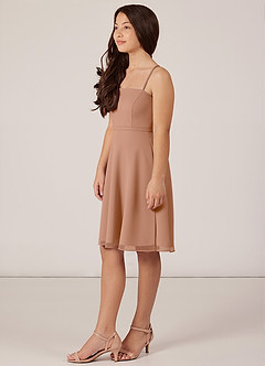 Azazie Kalie Junior Champagne Rose A-Line with Belt Chiffon Dress image3