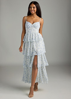 Azazie Kaiden Bridesmaid Dresses Blue And White Ditsy Floral A-Line Sweetheart Neckline Chiffon Dress image1