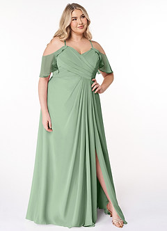 Azazie Dakota Vestidos de damas de honor Vestido de Matcha de Gasa de Corte en A con Cuello en V plisado image16